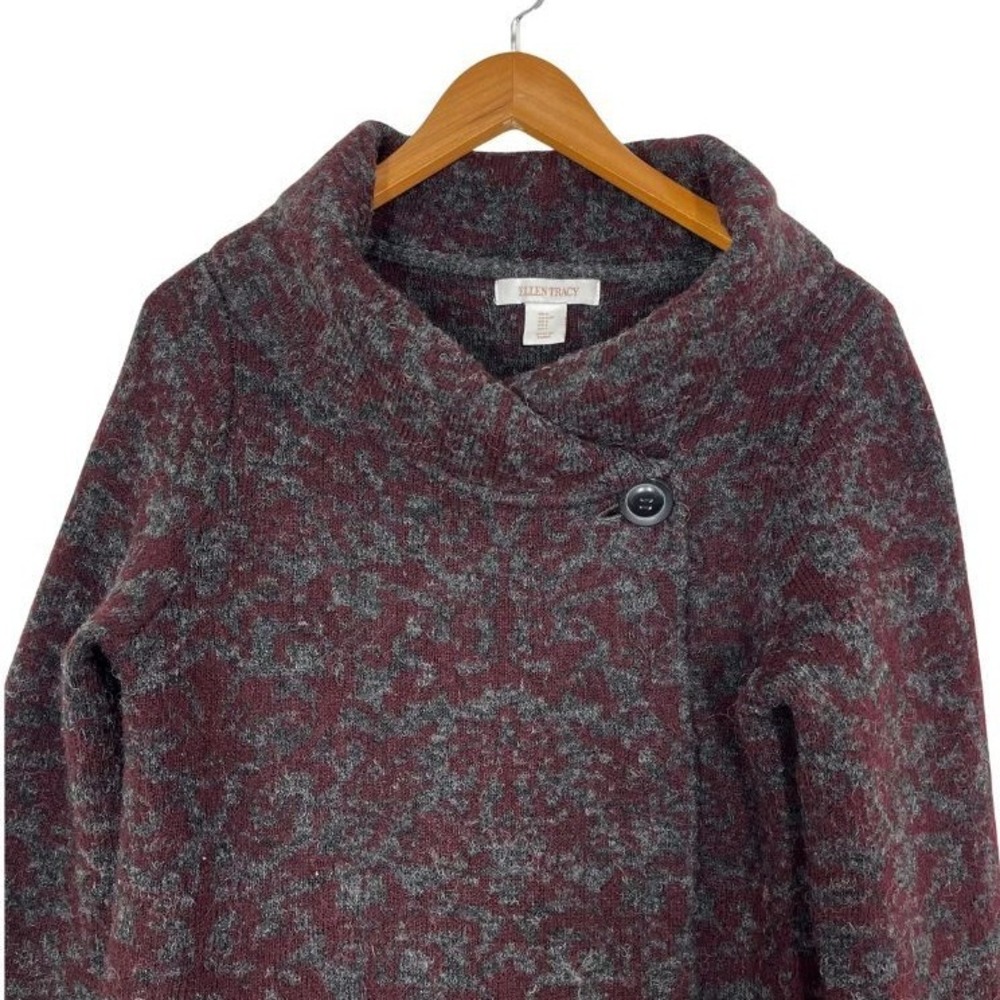 Ellen Tracy Wool Blend Sweater Cardigan Sz L Textured Red Gray One‎ Button Front - Picture 3 of 7